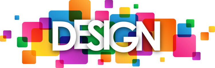 DESIGN typography banner with colorful squares on transparent background