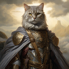 Portrait fantasy gray Scottish cat with armor