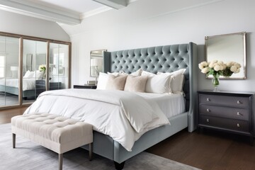 a master bedroom with a walk-in closet and velvet tufted headboard