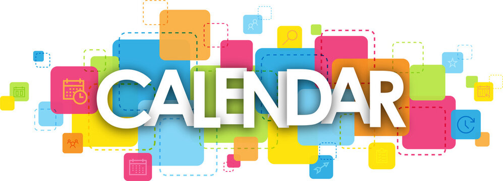 CALENDAR typography banner with colorful squares on transparent background
