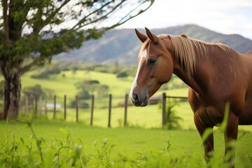 a saddled horse grazing at a lush green ranch