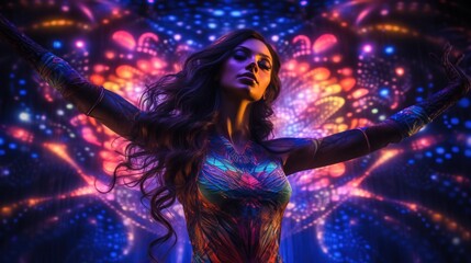 A vibrant woman with flowing locks dances in a kaleidoscope of violet and magenta, embodying the freedom and energy of movement
