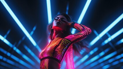 An artist in a mesmerizing magenta garment, engulfed in the pulsing lights of a concert performance, dances to the rhythm of the music, captivating the audience with her wild and fluid movements