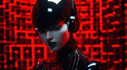 An avant-garde cartoon doll struts through the streets, draped in a striking black and red garment that oozes fashion and artistry