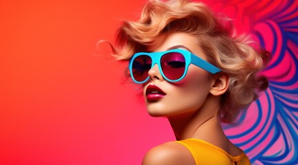 A fashion-forward woman dons vibrant sunglasses, channeling a playful doll-like energy while adding a touch of practicality with her eyewear