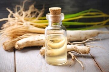 a bottle of essential oils extracted from maca roots - obrazy, fototapety, plakaty