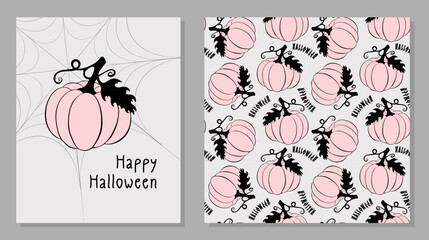 Halloween set Happy Halloween poster with hand drawn pumpkin and pattern with pink pumpkins and lettering.