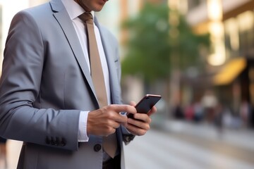 Obraz na płótnie Canvas professional business man using smartphone. Businessman holding mobile smartphoneusing app texting sms message outdoor.