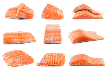 Fresh raw salmon fillets and sliced isolated on white background. Set of salmon raw, Fish delicacy.