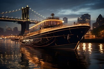 Naklejka premium A cruise passing the bridge over the river