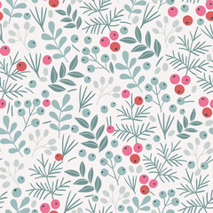 A pattern of twigs and berries. A template with images of red berries, twigs and green leaves on a white background.