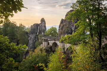 Fototapeta na wymiar Bastei Bridge, Saxon Switzerland National Park, or Nationalpark Sächsische Schweiz