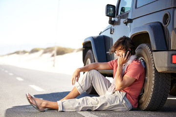 Road trip, phone call and man by truck for help, conversation and travel outdoor. Smartphone,...