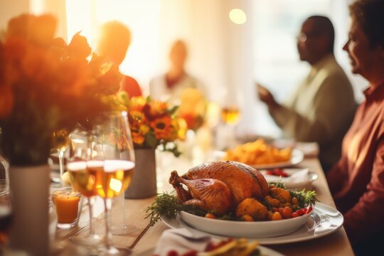 Thanksgiving Dinner with Turkey and Table Decoration - Festive Defocused Image - AI Generated