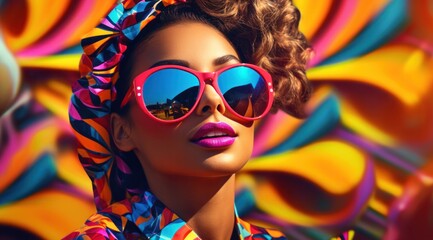 Vibrant colors collide as a fashionable woman dons sunglasses and a hat, adding a touch of art to her outdoor ensemble while her glistening lipstick adds a hint of mystery to her eyewear