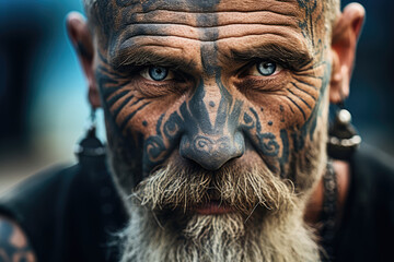 Man with intricate facial tattoos, portraying masculinity's varied and deep-seated roots - AI Generated - obrazy, fototapety, plakaty