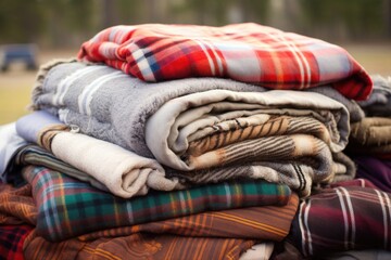 a pile of old, well-used blankets at a campsite - obrazy, fototapety, plakaty