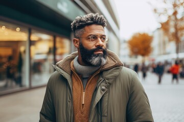 Street-style shot of a man from a diverse background, emphasizing the individuality and richness of male stories - AI Generated - obrazy, fototapety, plakaty