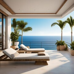 A resort with a blue sky and a beautiful sea. A cot, a pool and a terrace. Generative AI