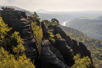 Naklejka premium Rugged Rock Outcrops at an Overlook in Saxon Switzerland National Park, Nationalpark Sächsische Schweiz