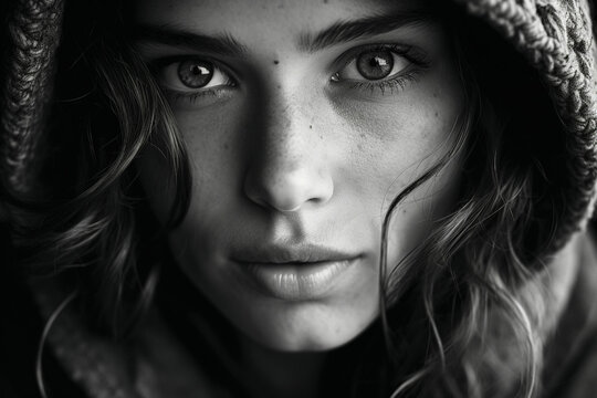 Female caucasian intense close up portrait in black and white, harshly processed