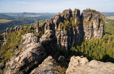 Fototapeta na wymiar Rugged Rock Outcrops at an Overlook in Saxon Switzerland National Park, Nationalpark Sächsische Schweiz