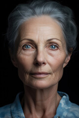 Obraz premium Portrait of a beautiful old woman on a dark background. Rich grandma. Skin care. Old age. Beautiful eyes. wrinkles