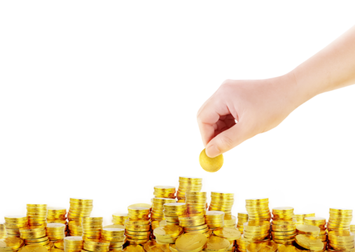 Pile of gold coins and gold coins in hand PNG transparent
