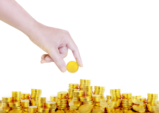Pile of gold coins and gold coins in hand PNG transparent