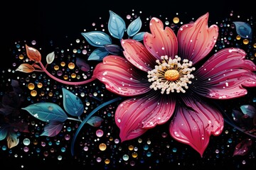 Vibrant blossom adorned with sparkling droplets. Wide black art banner designed for lettering. Generative AI