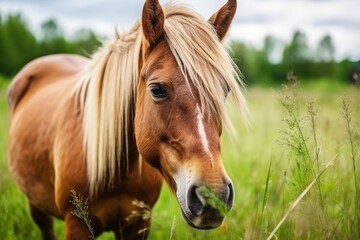 Naklejka na ściany i meble Brown horse with blond hair eats grass on a green meadow detail from the head.