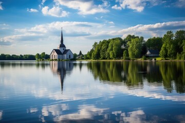 Fototapeta na wymiar image of a christian church and jewish synagogue reflected in a serene lake