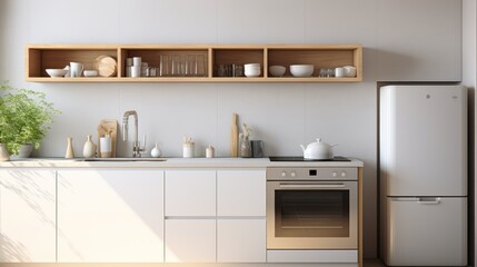 The interior of a modern kitchen shines with white counters, a sleek oven, and a functional peg board