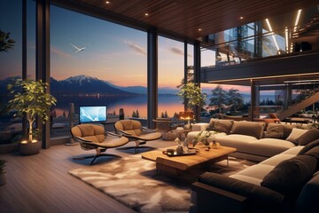Spacious living room with a large window overlooking a wooden balcony, exuding a holiday vibe and futuristic ambiance, featuring cinematic light and volumetric lighting. Generative AI