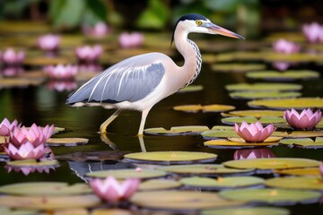 Obraz premium heron wading in a shallow water lily pond