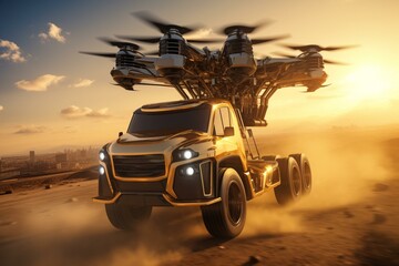 Fototapeta na wymiar Drone prepares to land near a truck. 3D image. Custom design. Generative AI