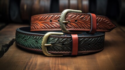 Handcrafted leather belts, showcasing detailed workmanship, rest on rustic wooden backgrounds