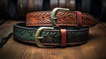 Deurstickers Handcrafted leather belts, showcasing detailed workmanship, rest on rustic wooden backgrounds © vectorizer88