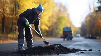 Male worker lays asphalt road repair road paving. A man in overalls is laying asphalt with a shovel - obrazy, fototapety, plakaty