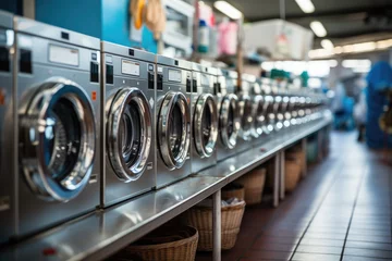 Foto op Plexiglas A row of industrial washing machines in a public laundromat © Irina Mikhailichenko
