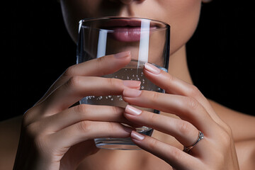 Hands close up. A woman drinks a glass of water. Drink. Personal care. beautiful female hands.