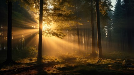 Golden sun rays pierce through the mist of a pine forest