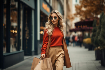 female holding shopping bags while walking at the street