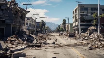 The devastating aftermath of an earthquake is evident, with buildings damaged and roads cracked - obrazy, fototapety, plakaty