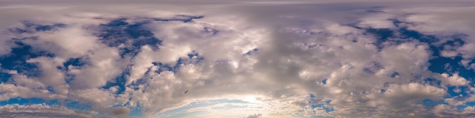 Fototapeta premium Sunset sky panorama with bright glowing pink Cumulus clouds. HDR 360 seamless spherical panorama. Full zenith or sky dome for 3D visualization, sky replacement for aerial drone panoramas.