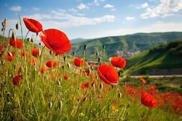 red poppies blooming on a hillside
