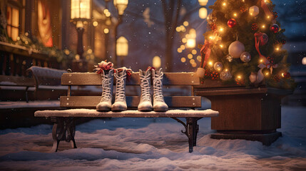 Winter Scene with Ice Skates on Wooden Bench and Snowy Evergreens - obrazy, fototapety, plakaty