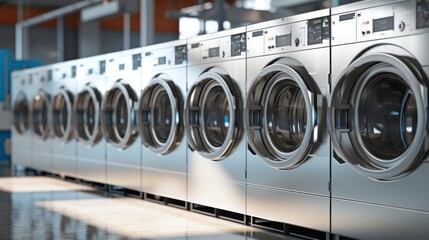 A row of industrial-sized laundry machines hums to life - obrazy, fototapety, plakaty