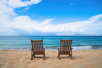 Fototapeta na wymiar two empty chairs facing a beautiful beach view