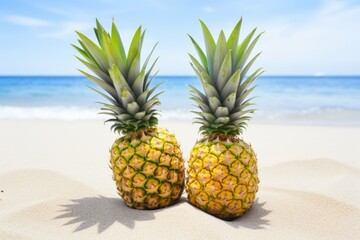 two pineapple fruits together on a tropical beach